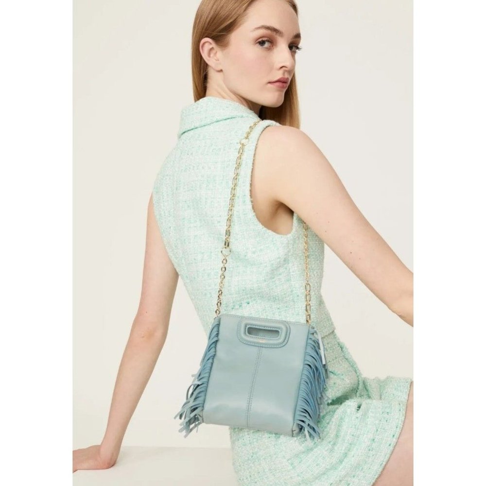 RTR Maje Bleu Celadon mini M clasp fringe tassel small boho western leather